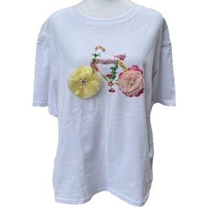 Itoo Italy White Bling Bike Cotton T shirt Beaded Women M/L Colorful Funky Frill